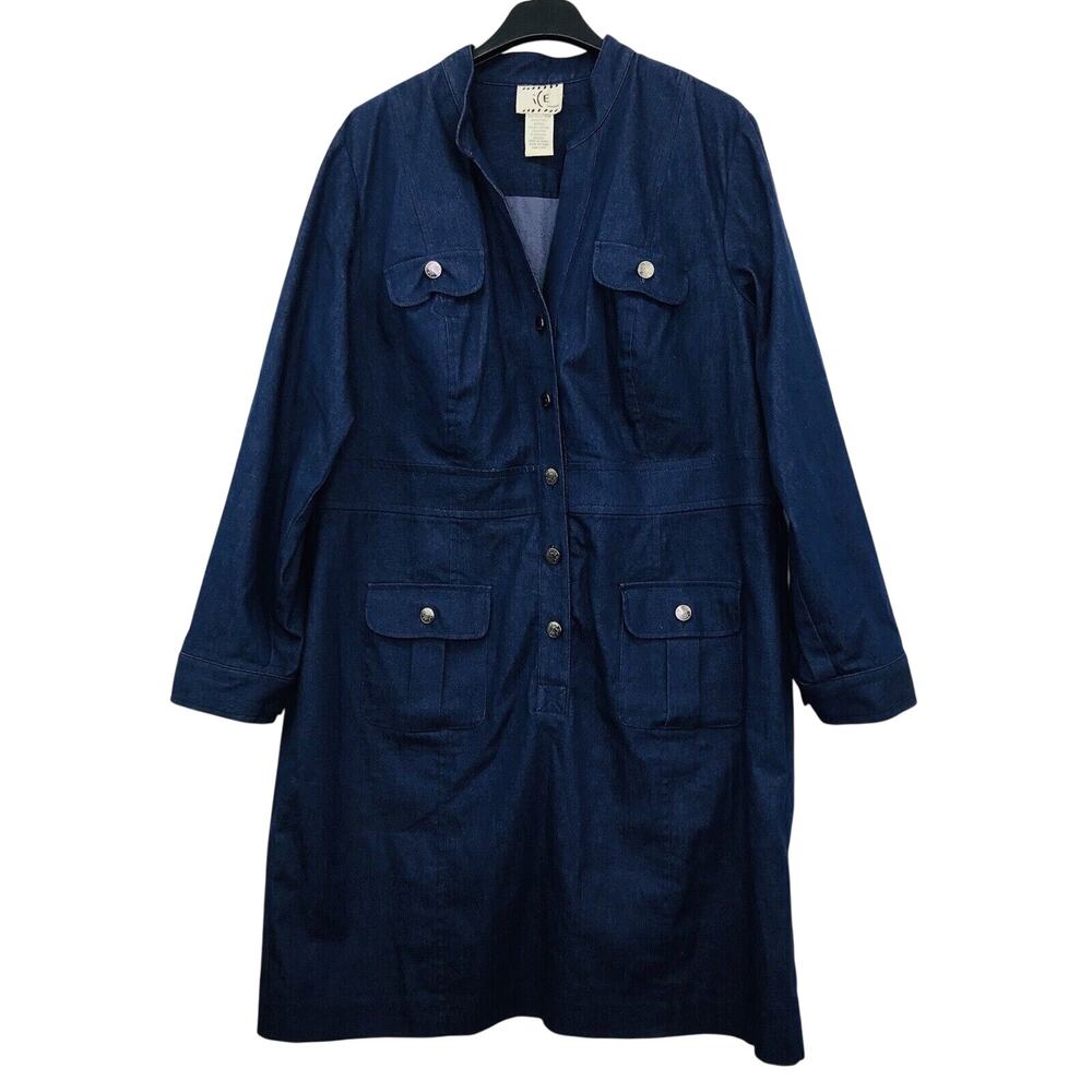 Ice Women's 18W Dress Pockets Button Down Roll Tab Sleeves Plus Solid Blue